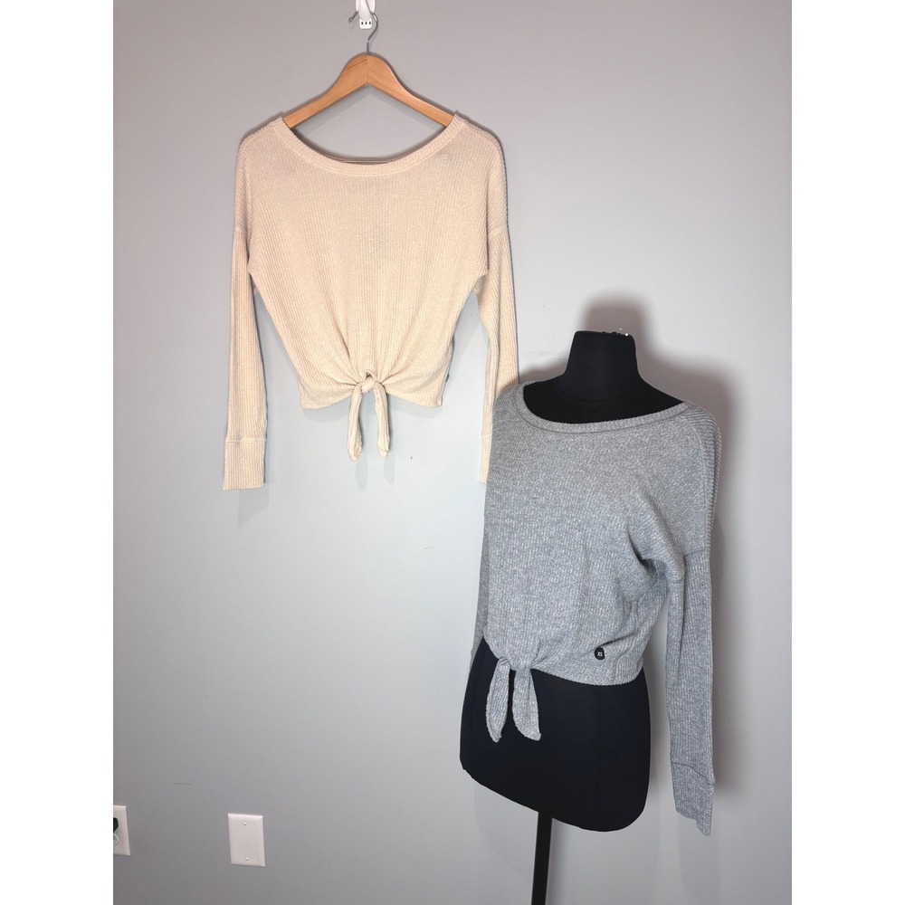Abercrombie Fitch Lot‎ of 2 Ribbed Tie Front Boat Neck Long Sleeve Top XS NWT